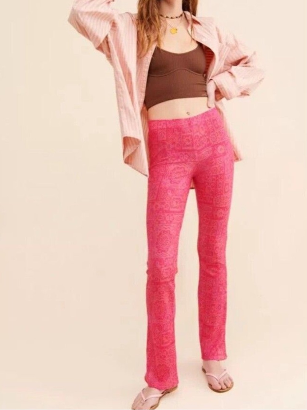Urban Outfitters Alia Plissé Ribbed Flare Pull On Pants, Pink Yin Yang – Large